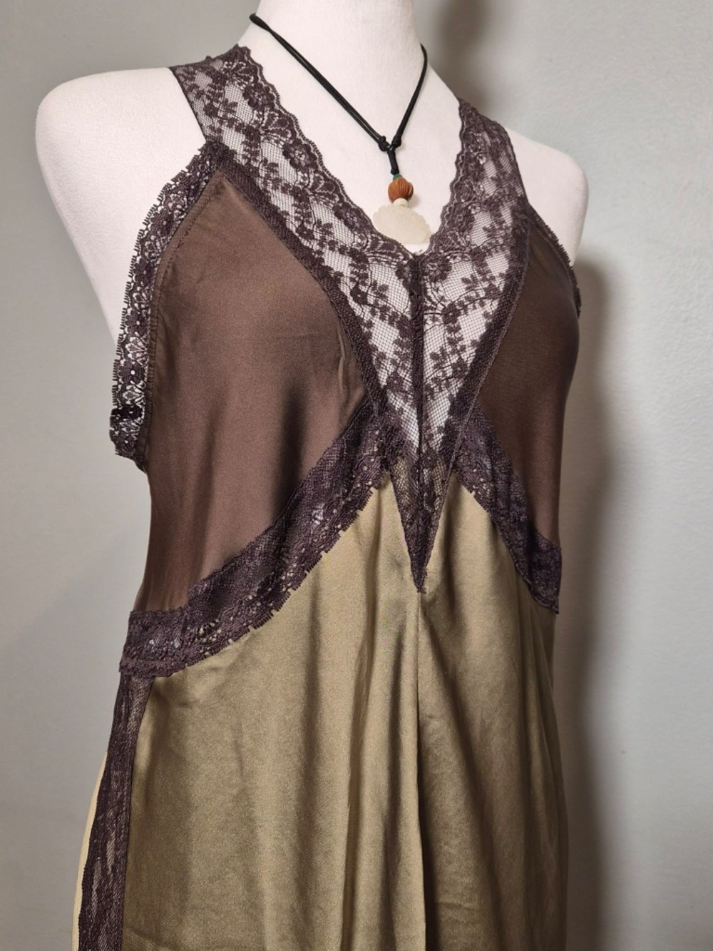 Free People NWT Bronze Green & Brown Romantic Hippie Fairycore Witch Satin Dress - Picture 3 of 10
